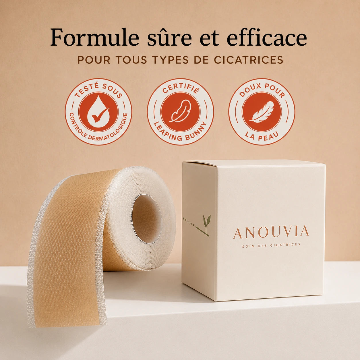 Rouleau de bande silicone Anouvia — testée sous contrôle dermatologique, certifiée Leaping Bunny