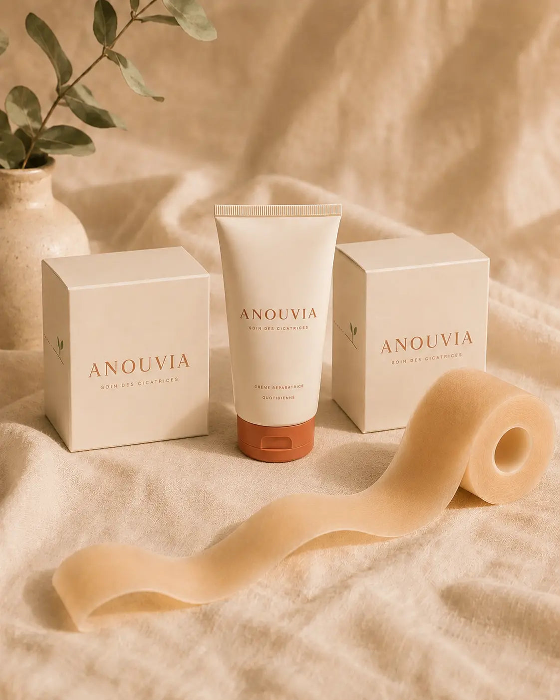 Duo Anouvia — crème réparatrice cicatrices le jour, bande silicone la nuit